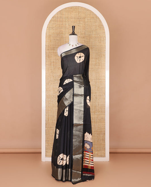 Black shibori printed dola silk saree, traditional zari border, printed pallu, and blouse of print, and zari work