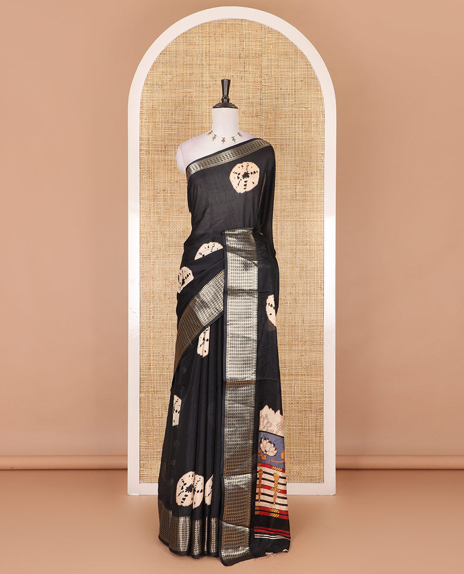 Black shibori printed dola silk saree, traditional zari border, printed pallu, and blouse of print, and zari work