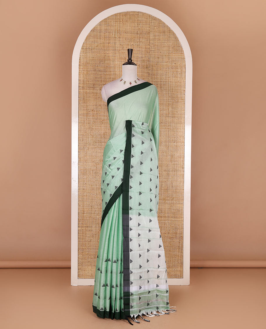 Green triangle motifs mercerised cotton saree, contrast plain border, striped pallu, and matching triangle motifs blouse