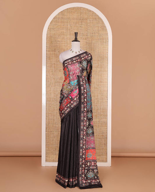 Black base kaleidoscopic colored floral-paisleys printed and mirror work masakali saree, printed border, printed and mirror work pallu, and a matching printed blouse