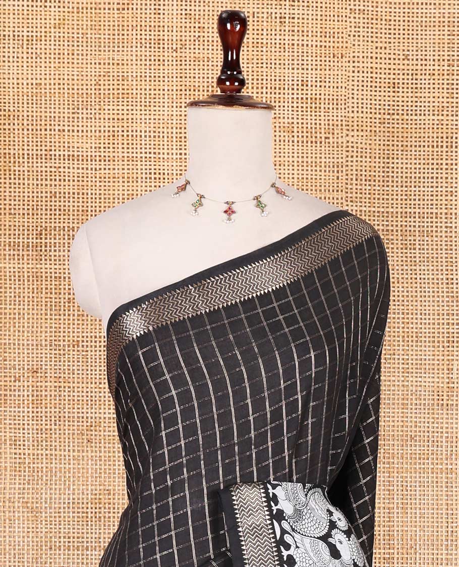 Balck zari checked with kalamkari flora-fauna motifs printed Assam cotton saree, traditional zari border, zari striped pallu, and matching blouse