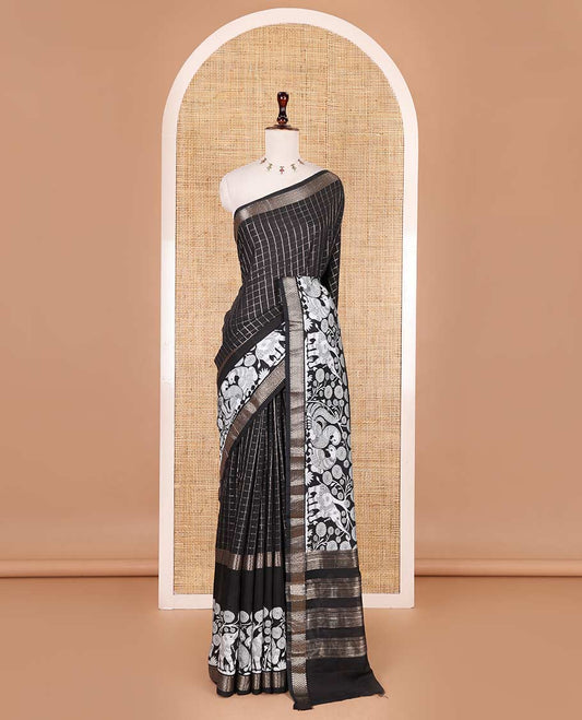 Balck zari checked with kalamkari flora-fauna motifs printed Assam cotton saree, traditional zari border, zari striped pallu, and matching blouse