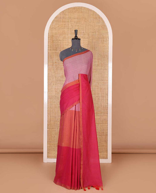 Borderless purple tri-ombre-colored plain khadi mul cotton saree with self-pallu, multi-colored tassels and a matching blouse