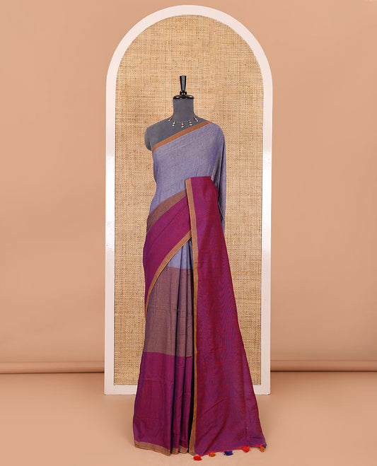 Borderless violet tri-ombre-colored plain khadi mul cotton saree with self-pallu, multi-colored tassels and a matching blouse