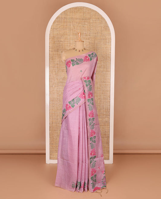 Pink resham thread buttas Munga cotton saree, jamdani floral creeper border, jamdani floral pallu, and contrast floral zari buttas blouse