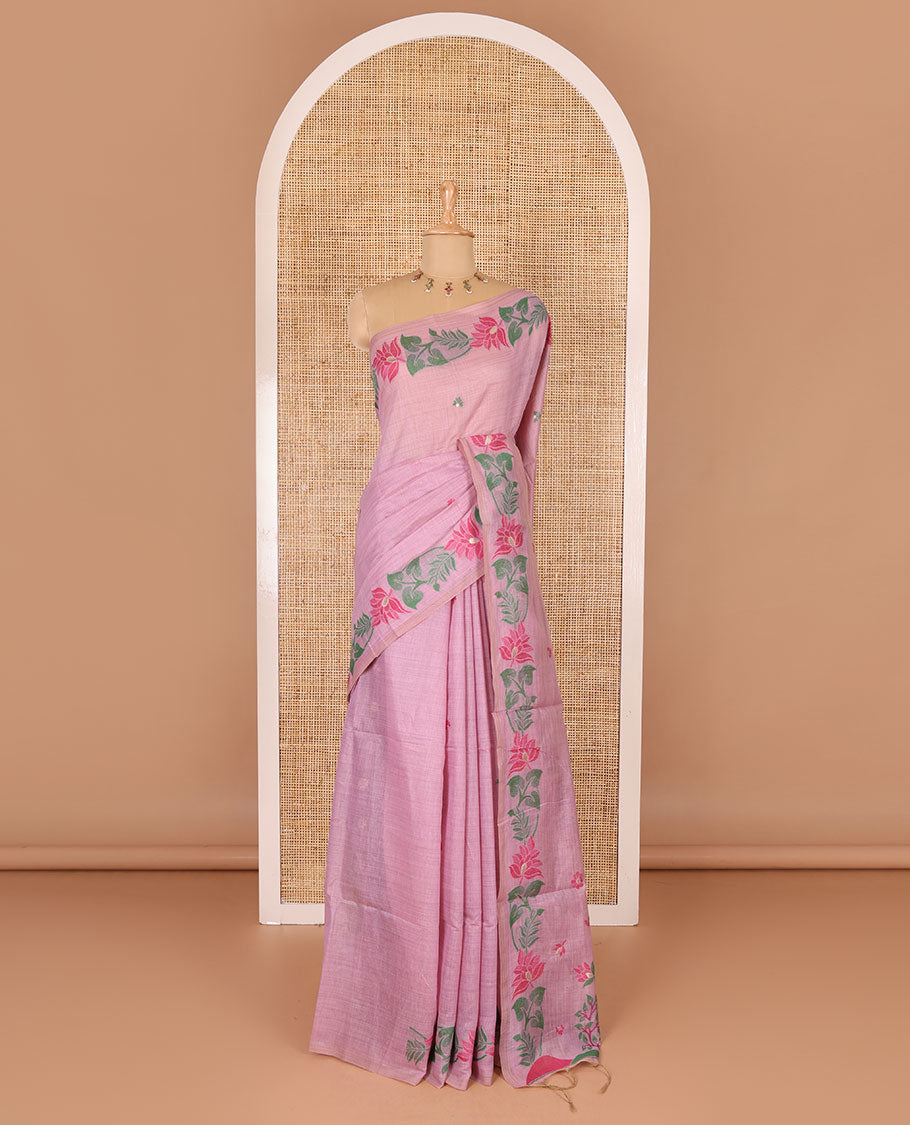 Pink resham thread buttas Munga cotton saree, jamdani floral creeper border, jamdani floral pallu, and contrast floral zari buttas blouse