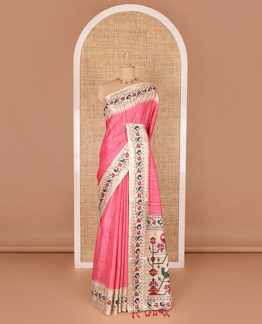Pink muniya motifs katan silk saree, contrast paithani style border, pallu and blouse steeped with peacock, parrot, and floral motifs