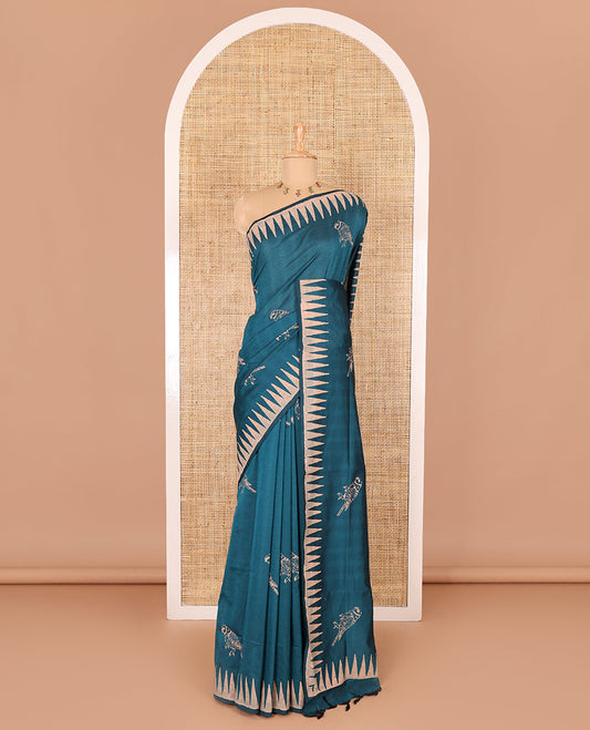 Peacock green sparrow motifs block printed South cotton saree, temple printed border, printed pallu, a matching blouse and a contrast floral vine printed blouse