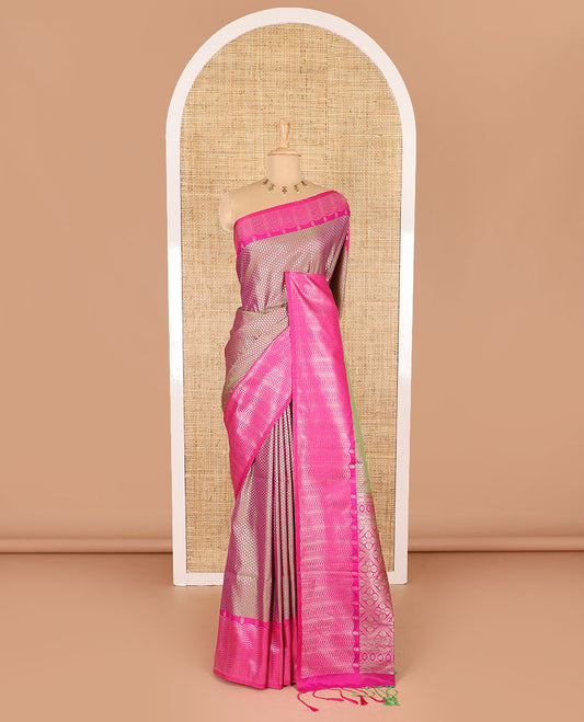 Sage green small zari buttas woven elite soft silk saree, contrast zari woven scallop satin border, jaal pallu, and a contrast chakram zari motifs blouse