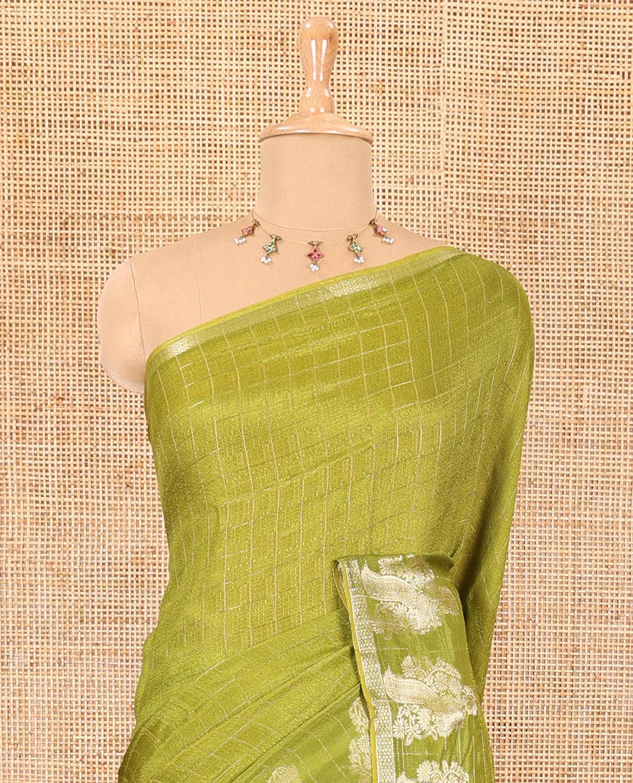 Green micro-checked design viscose khadi silk saree, peacock zari motifs woven border, zari striped pallu, and a matching blouse