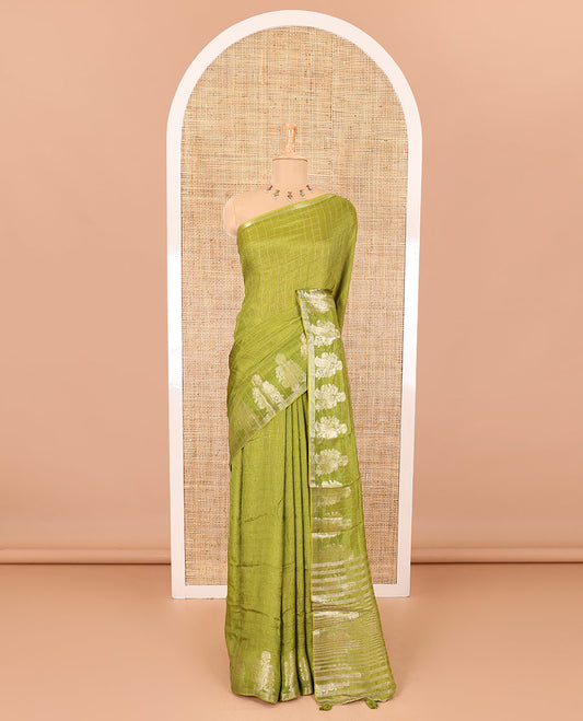 Green micro-checked design viscose khadi silk saree, peacock zari motifs woven border, zari striped pallu, and a matching blouse