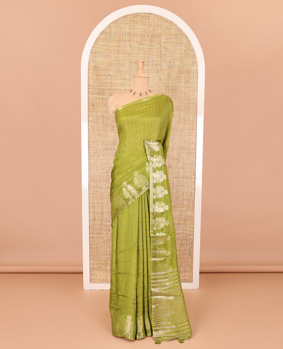 Green micro-checked design viscose khadi silk saree, peacock zari motifs woven border, zari striped pallu, and a matching blouse