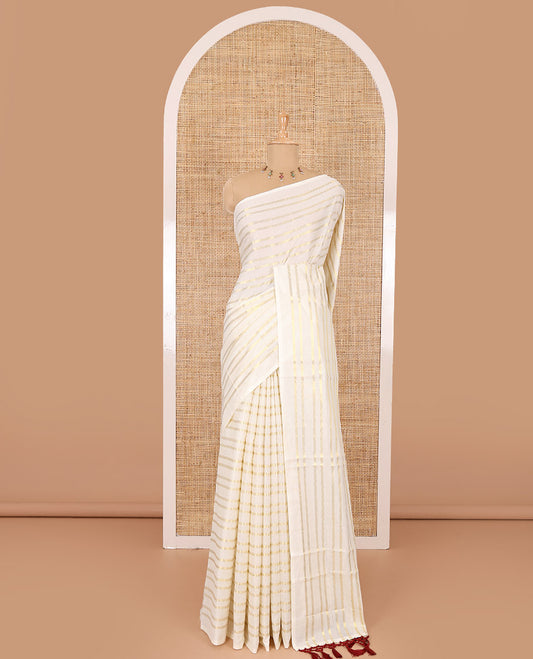 Borderless cream and maroon horizontal muthu zari striped Kerala cotton saree, self-pallu with tassels, and a matching blouse