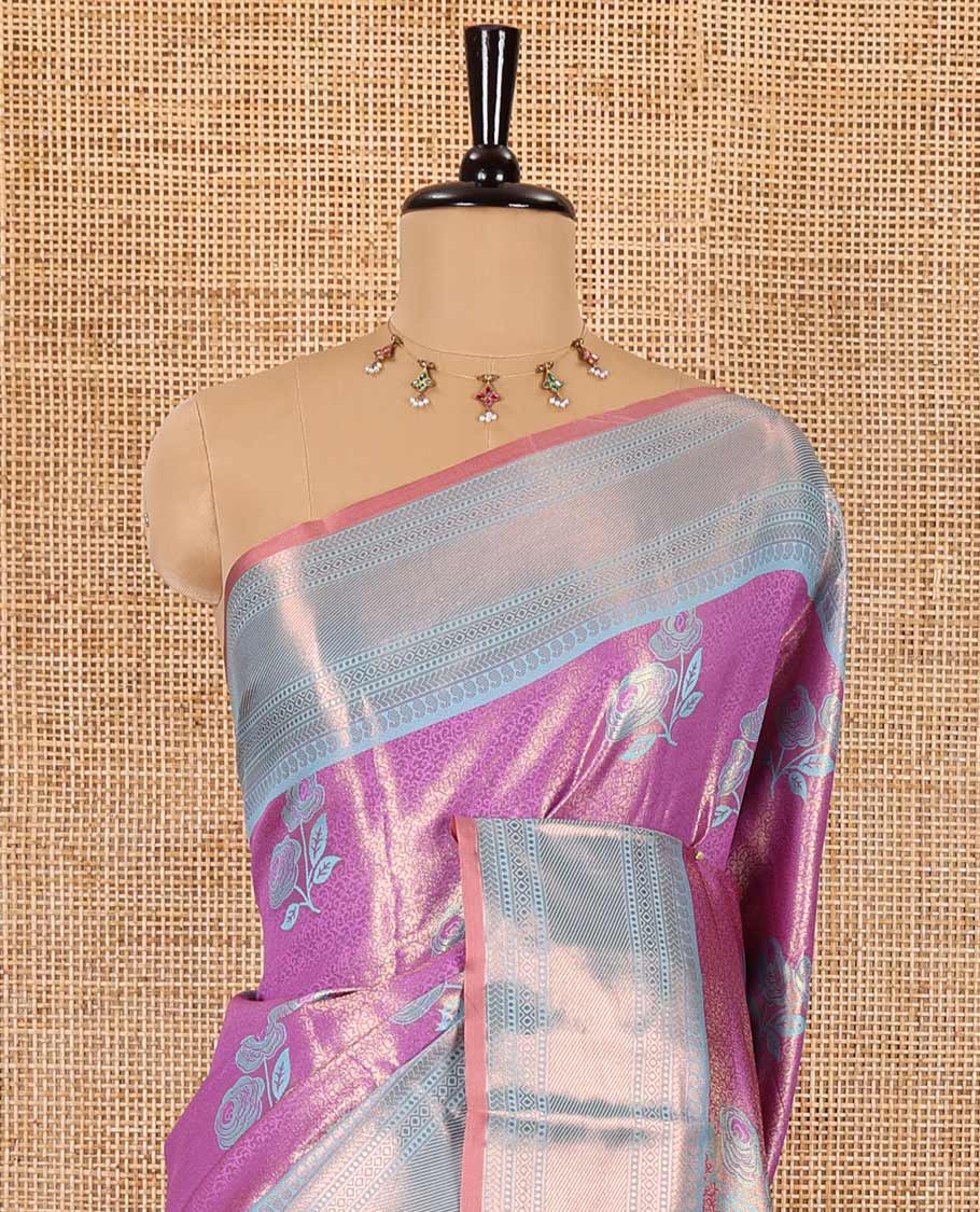 Lavender resham rose motifs and zari woven Kanchi tissue saree, contrast traditional zari border, gleaming pallu, and a contrast jacquard blouse
