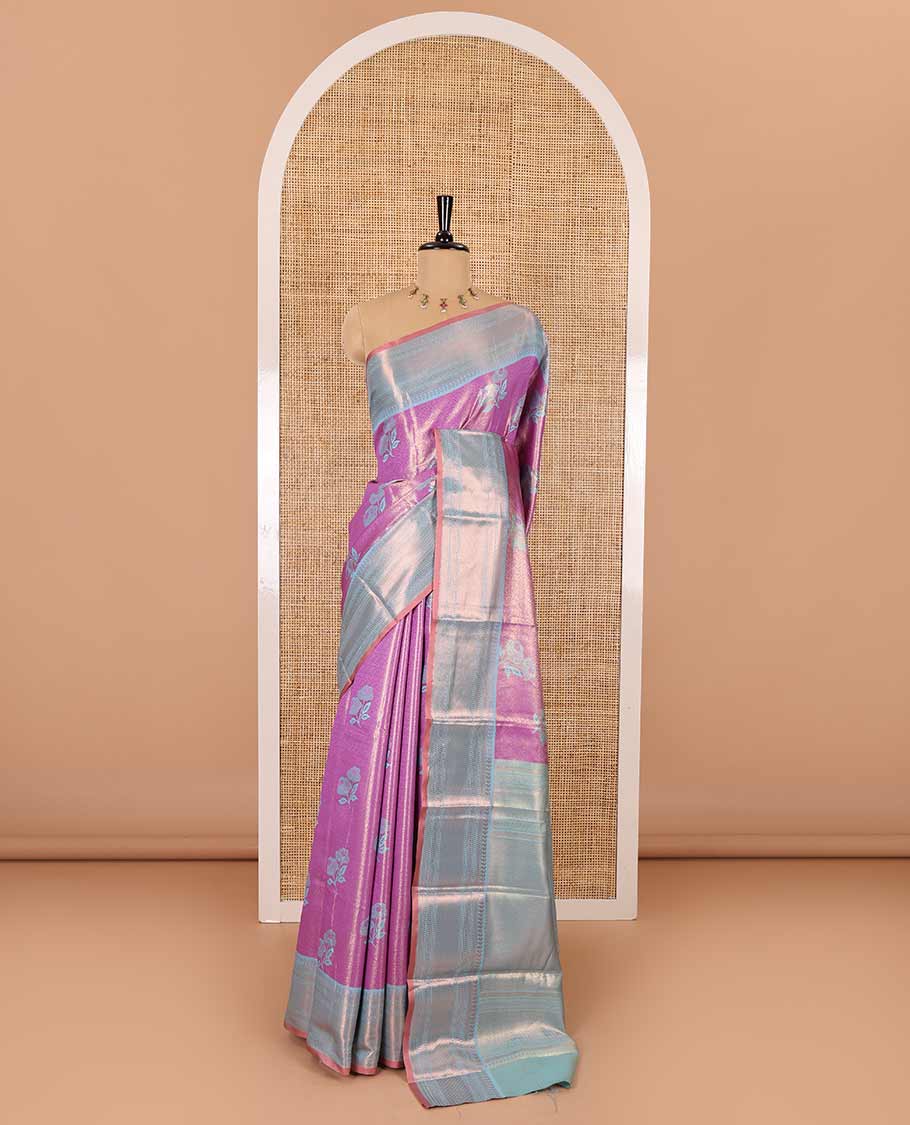 Lavender resham rose motifs and zari woven Kanchi tissue saree, contrast traditional zari border, gleaming pallu, and a contrast jacquard blouse