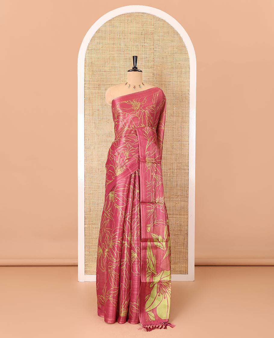 Borderless wine big floral motifs printed tissue silk saree with floral printed pallu, and a contrast plain blouse