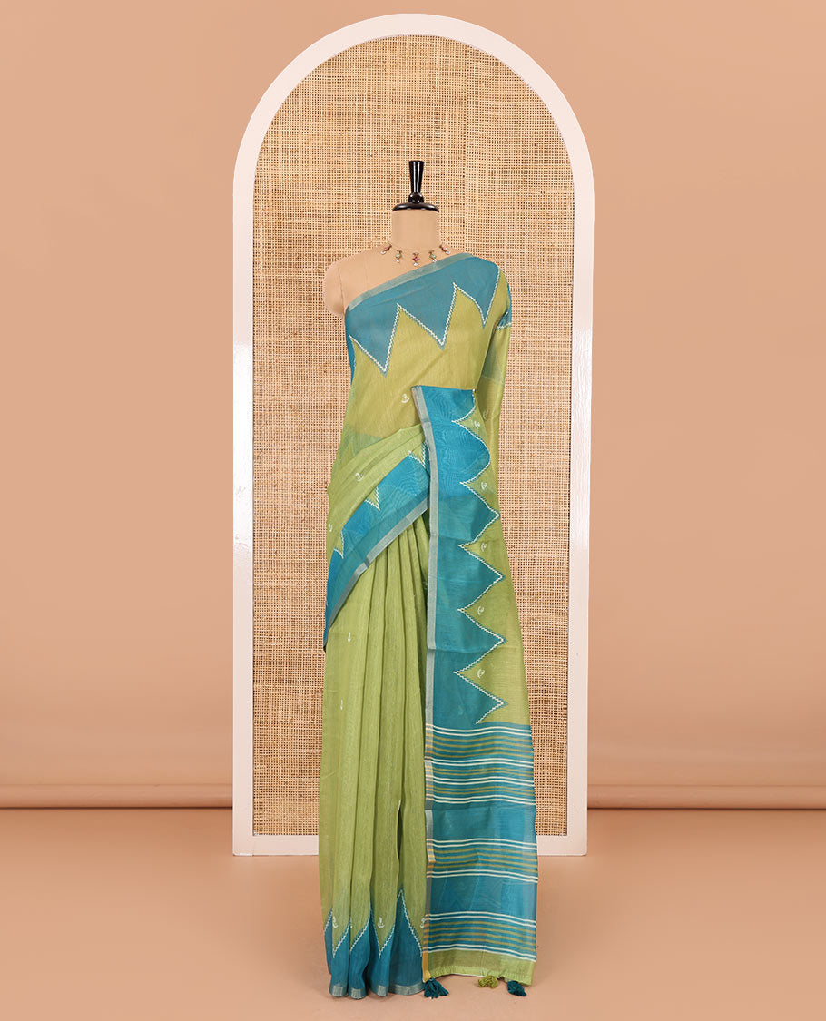 Parrot green small buttas printed Linen cotton saree, contrast double-sided temple border, striped pallu, and vertically striped blouse