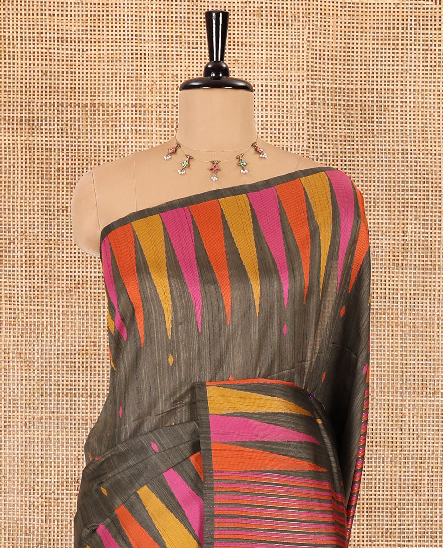 Olive green thread buttas woven jute cotton saree, multi-color temple border, striped pallu, and a matching striped blouse