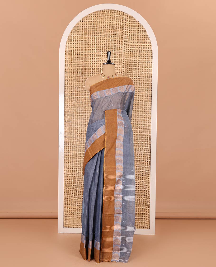 Grey thread buttas Bengal cotton saree, contrast border of paisley motifs, and striped pallu