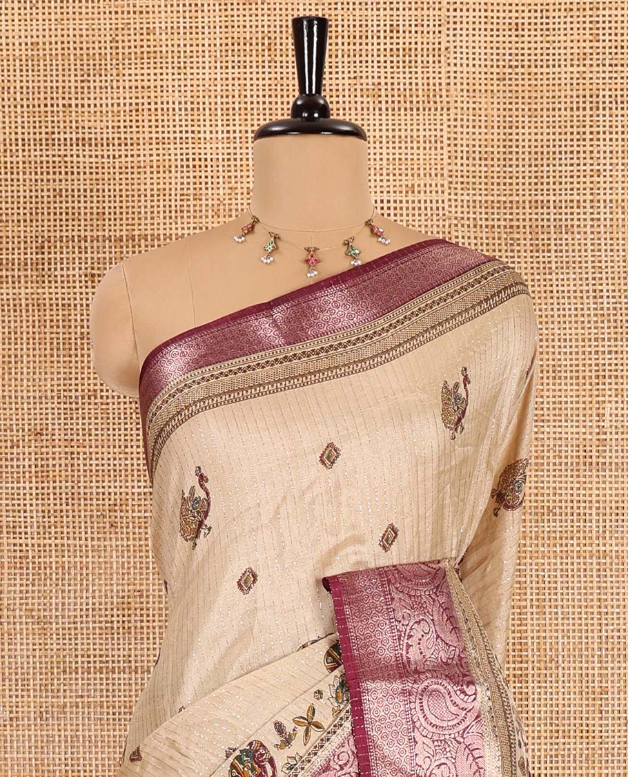 Chikku-purple vertical striped, and animal motifs printed dola silk saree, contrast manga motifs zari woven border, animal motifs printed pallu, and a contrast printed blouse