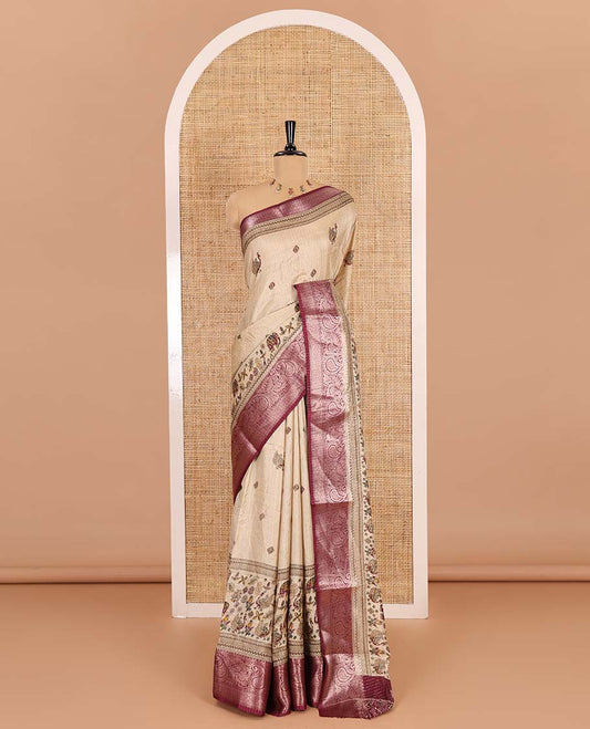 Chikku-purple vertical striped, and animal motifs printed dola silk saree, contrast manga motifs zari woven border, animal motifs printed pallu, and a contrast printed blouse