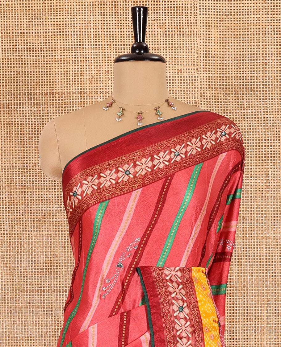 Pink leheriya striped printed, mirror and stone work moss chiffon saree, contrast bandhani printed mirror work border, floral print, mirror and stone work pallu with a contrast plain blouse
