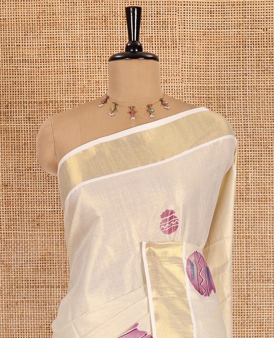 Cream-violet Pongal-festive theme block printed Kerala cotton saree, pongal pot printed body, bavanji border, and Pongal theme block print pallu, and a matching blouse