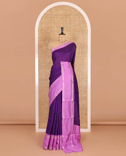 Violet embossed moss chiffon saree, contrast traditional rettai pettu border, embossed pallu, and a contrast embossed blouse