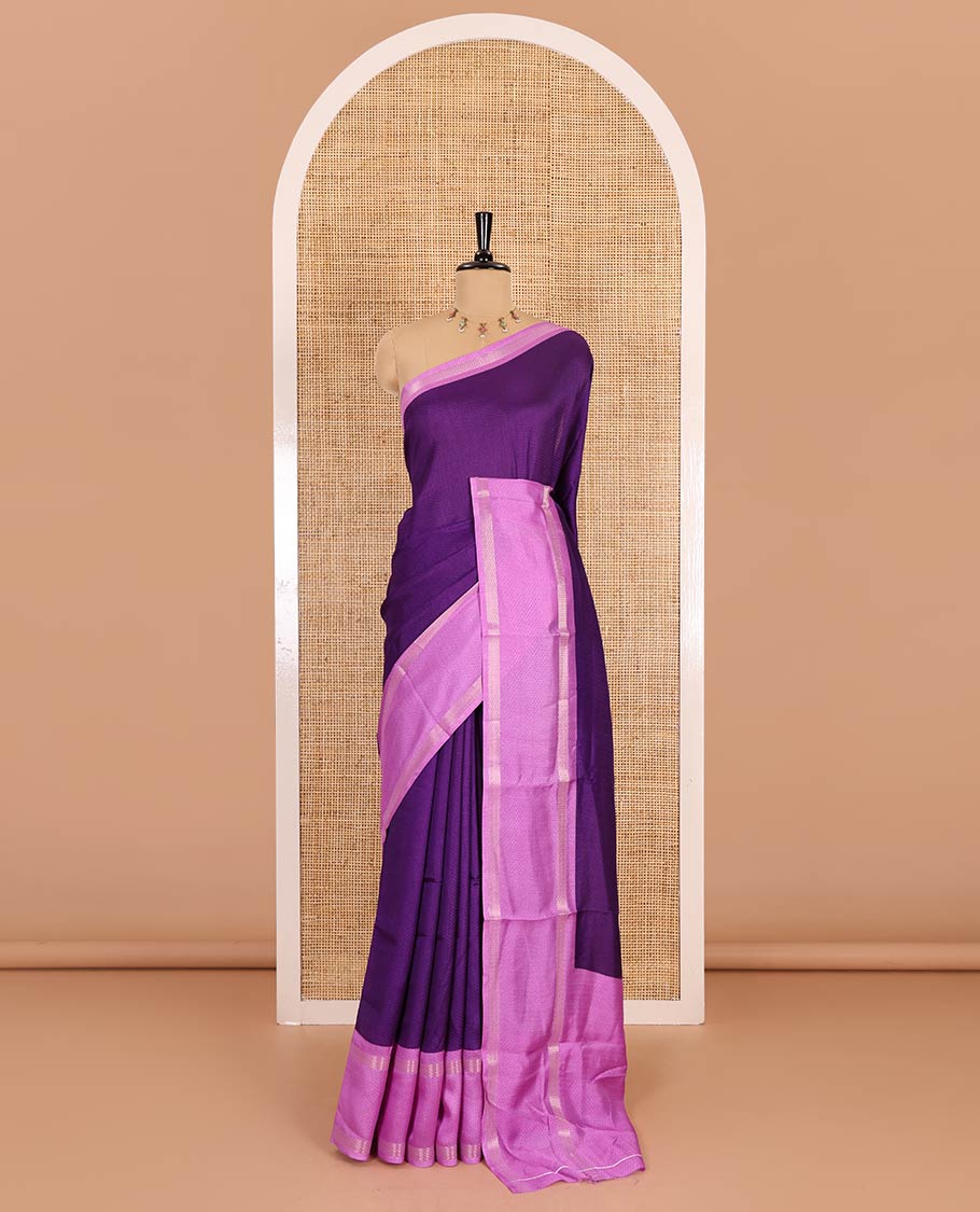 Violet embossed moss chiffon saree, contrast traditional rettai pettu border, embossed pallu, and a contrast embossed blouse