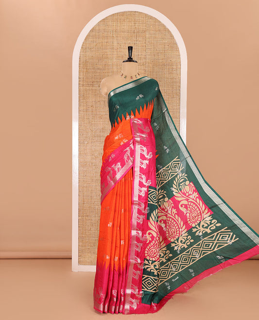 Orange deer zari motifs dola silk saree, contrast green-pink ganga jamuna deer motifs zari woven border, paisley-diamond printed pallu, and a contrast deer motifs blouse