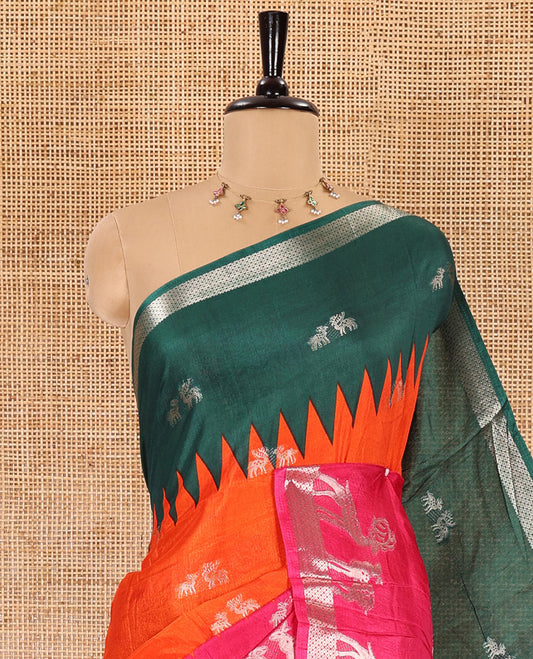 Orange deer zari motifs dola silk saree, contrast green-pink ganga jamuna deer motifs zari woven border, paisley-diamond printed pallu, and a contrast deer motifs blouse