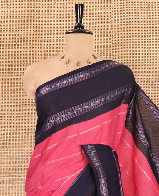 Pink veldhari striped sungudi cotton saree, contrast traditional design and rettai pettu border, veldhari striped pallu, and contrast zari design blouse