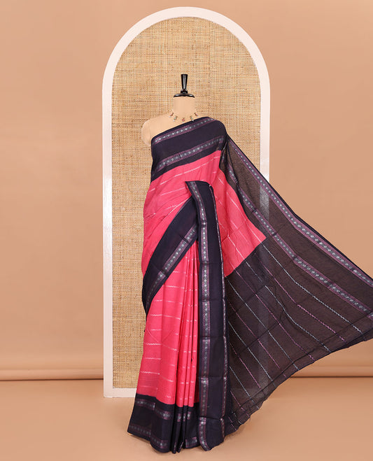 Pink veldhari striped sungudi cotton saree, contrast traditional design and rettai pettu border, veldhari striped pallu, and contrast zari design blouse
