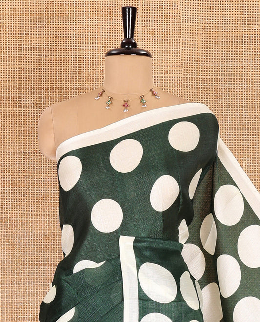 Borderless cream-bottle green polka dots printed art khadi cotton saree, pallu of big and small coin-size polka dots print, and a small dots printed blouse