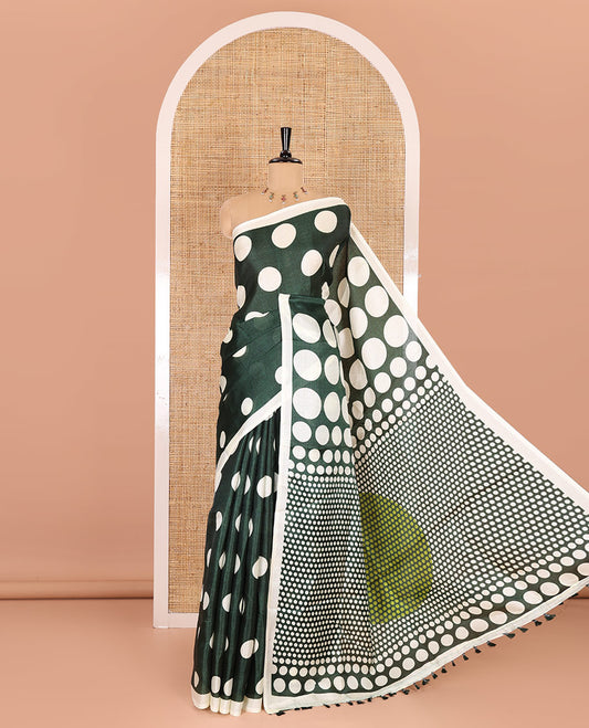 Borderless cream-bottle green polka dots printed art khadi cotton saree, pallu of big and small coin-size polka dots print, and a small dots printed blouse