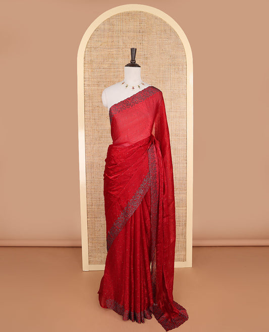 Maroon swarovski stone work fendy crepe saree with swarovski stone work border & self pallu along with plain blouse, swarovski stone work sleeve
