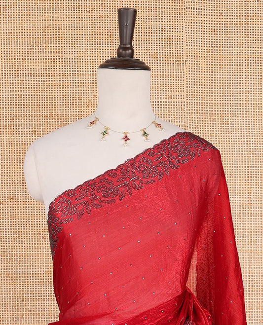 Maroon swarovski stone work fendy crepe saree with swarovski stone work border & self pallu along with plain blouse, swarovski stone work sleeve