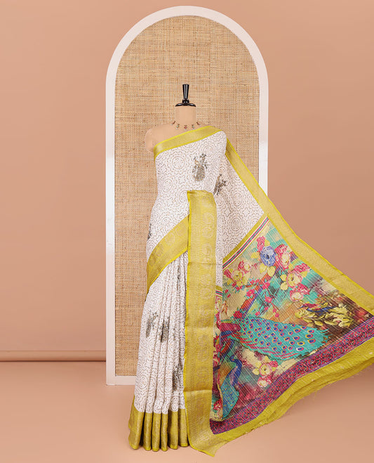 Cream and parrot green bandhani dots and peacock motifs printed dola crush saree, contrast zari peacock border, pallu of abstract peacock print, and a zari design blouse