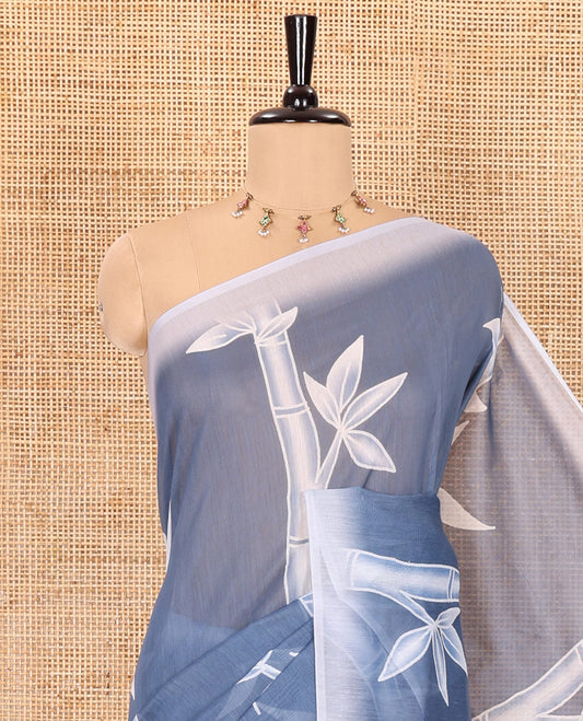 Grey bamboo motifs printed chanderi cotton saree, contrast plain border, bamboo motifs printed pallu, and a contrast unique motifs printed blouse