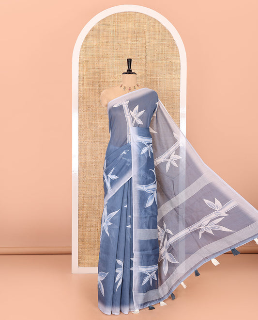 Grey bamboo motifs printed chanderi cotton saree, contrast plain border, bamboo motifs printed pallu, and a contrast unique motifs printed blouse