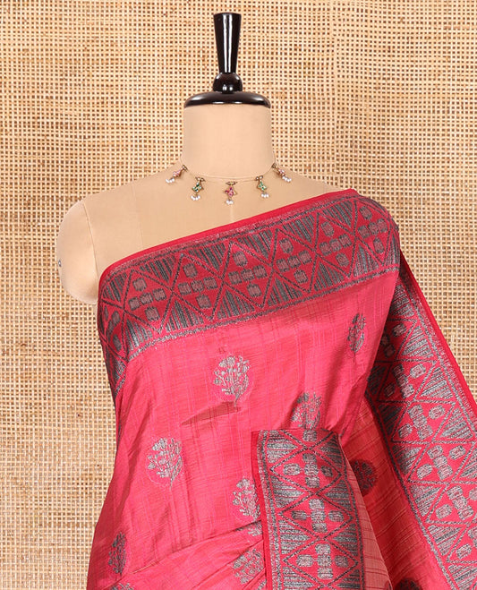 Pink Semi-Tussar Saree Subtly Woven With Floral Zari Buttas, Featuring a Geometric-Patterned Zari Border, Adorned With a Butta-Enclosed Checked Pallu, and a Matching Blouse