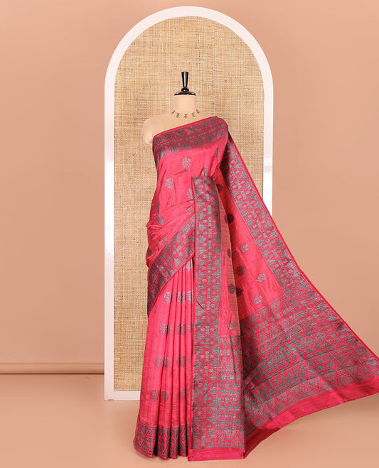 Pink Semi-Tussar Saree Subtly Woven With Floral Zari Buttas, Featuring a Geometric-Patterned Zari Border, Adorned With a Butta-Enclosed Checked Pallu, and a Matching Blouse