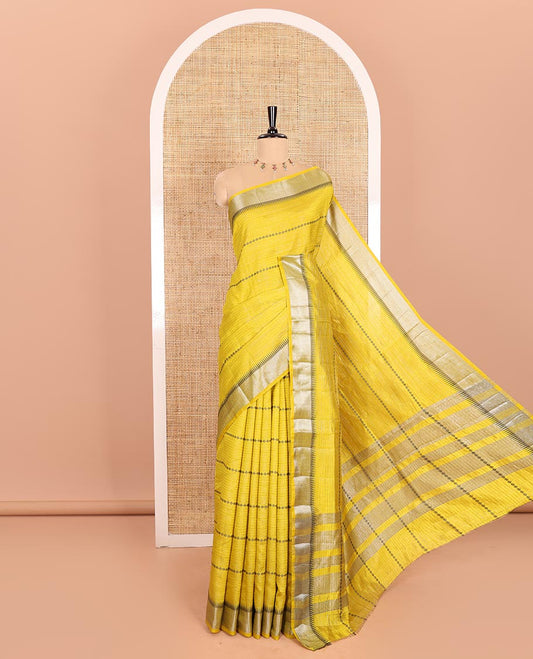 Yellow Semi-Tussar Saree Accentuated with Zari Horizontal Stripes and Thread Floral Designs, Featuring a Subtly Woven Temple Zari Border, a Striped Pallu, and a Matching Blouse