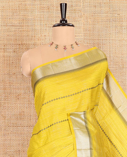Yellow Semi-Tussar Saree Accentuated with Zari Horizontal Stripes and Thread Floral Designs, Featuring a Subtly Woven Temple Zari Border, a Striped Pallu, and a Matching Blouse