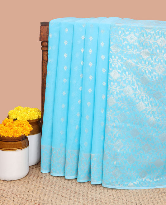 Light blue zari buttas silk cotton saree with jamthani weaving border & rich weaving pallu along with plain blouse