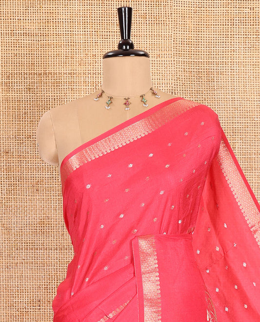 Gajri Russian Silk Saree Adorned with Gold Zari Buttas and Deer Motifs, Featuring a Subtly Sparkling Traditional Zari Border, a Pallu with Zari Stripes, and a Contrast Blouse Woven with Peacock Meena Buttas