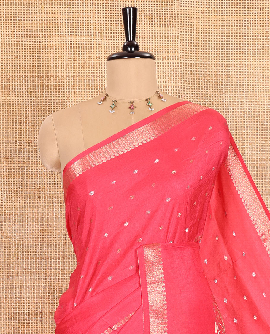 Gajri Russian Silk Saree Adorned with Gold Zari Buttas and Deer Motifs, Featuring a Subtly Sparkling Traditional Zari Border, a Pallu with Zari Stripes, and a Contrast Blouse Woven with Peacock Meena Buttas