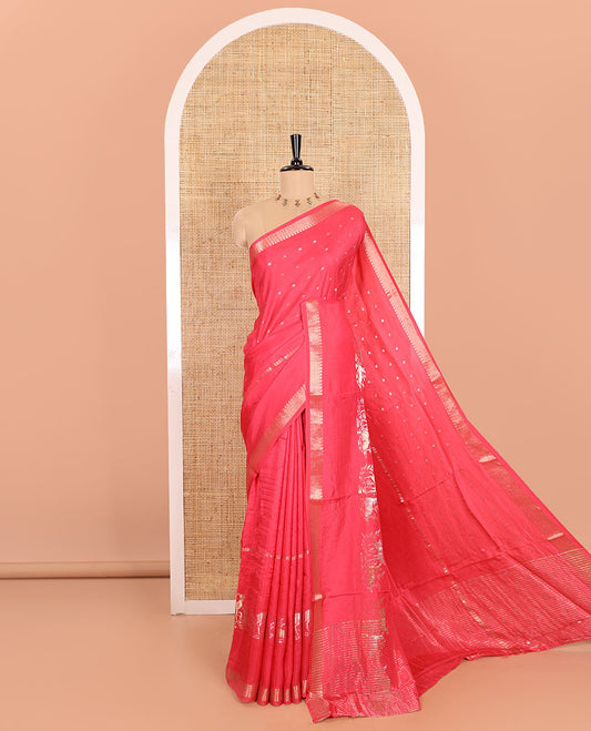 Gajri Russian Silk Saree Adorned with Gold Zari Buttas and Deer Motifs, Featuring a Subtly Sparkling Traditional Zari Border, a Pallu with Zari Stripes, and a Contrast Blouse Woven with Peacock Meena Buttas