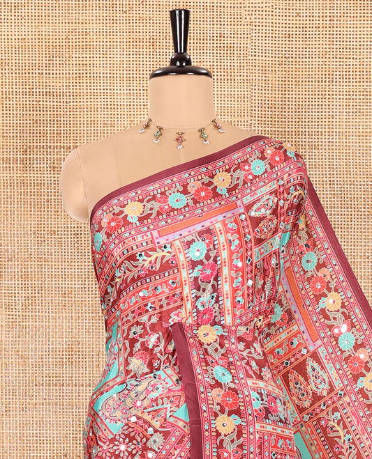 Maroon Masakali Saree Featuring Floral and Geometric Motifs Print and Mirror Work, Kaleidoscopic-Colored Printed Border, Pallu Decked Up with Colorful Intricate Patterns Print, and a Matching Printed Blouse