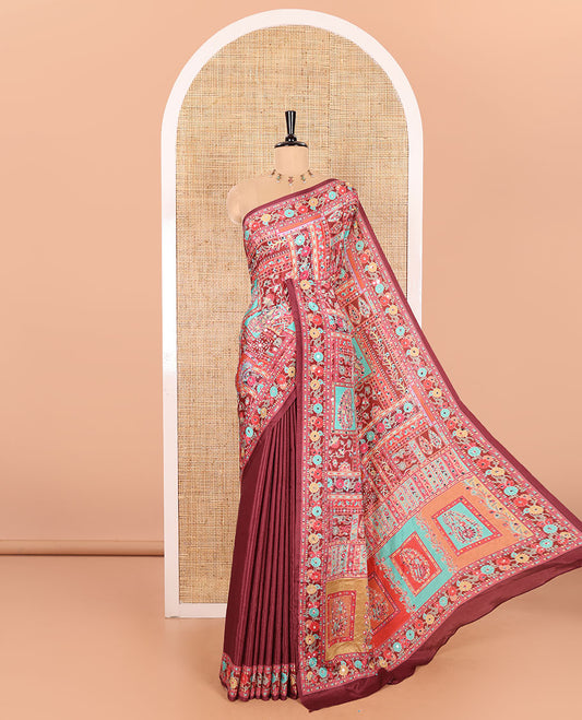 Maroon Masakali Saree Featuring Floral and Geometric Motifs Print and Mirror Work, Kaleidoscopic-Colored Printed Border, Pallu Decked Up with Colorful Intricate Patterns Print, and a Matching Printed Blouse